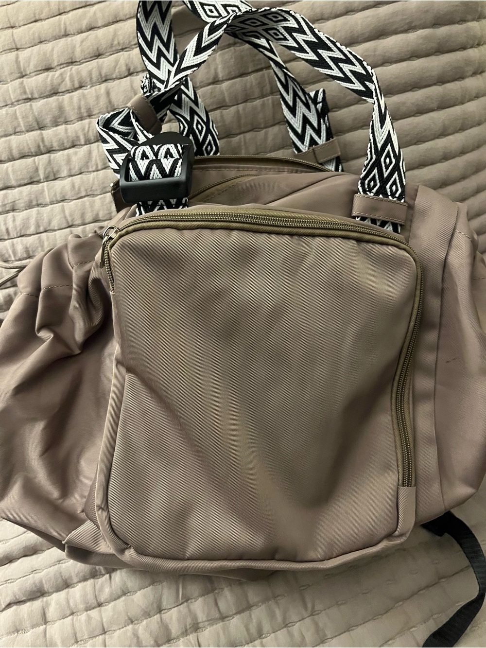 Taupe Women's Backpack Tote with Patterned Straps 16"w x11"h